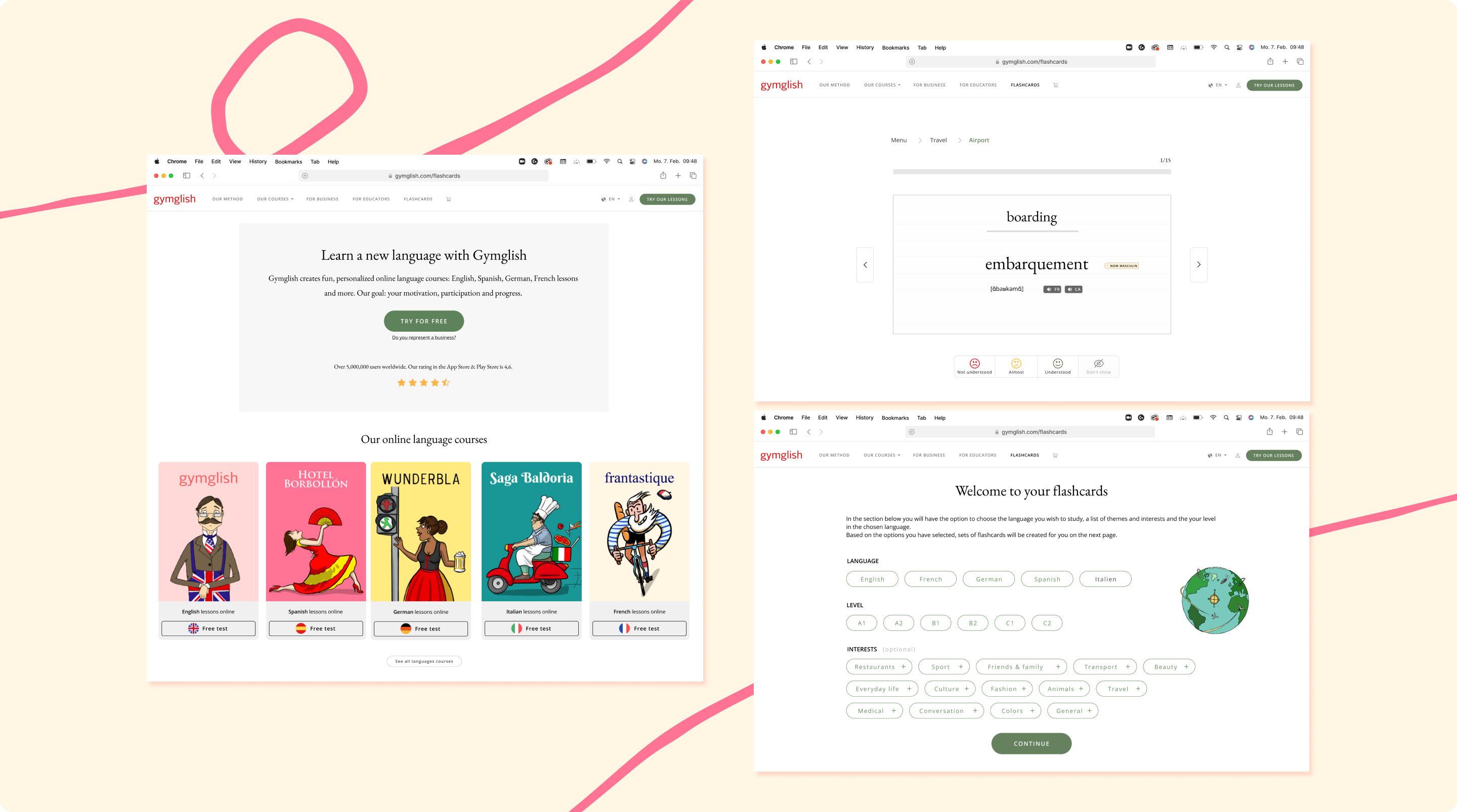 Gymglish final flashcards interface designs